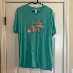 Teal T-Shirt with Floral Appliqué Bunny Design